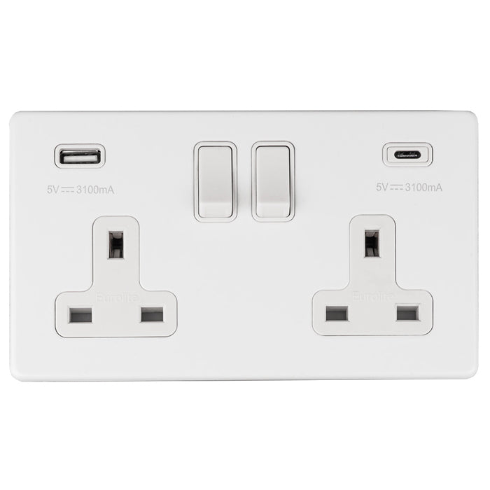 Concealed 3mm 2 Gang 13Amp Switched Socket With Usb C White - Matt White