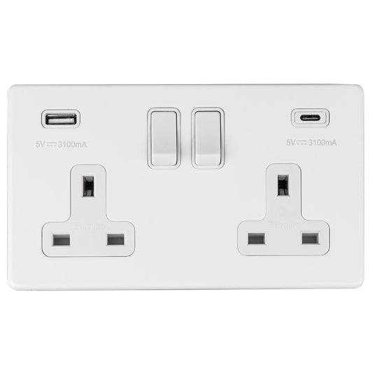 Concealed 3mm 2 Gang 13Amp Switched Socket With Usb C White - Matt White