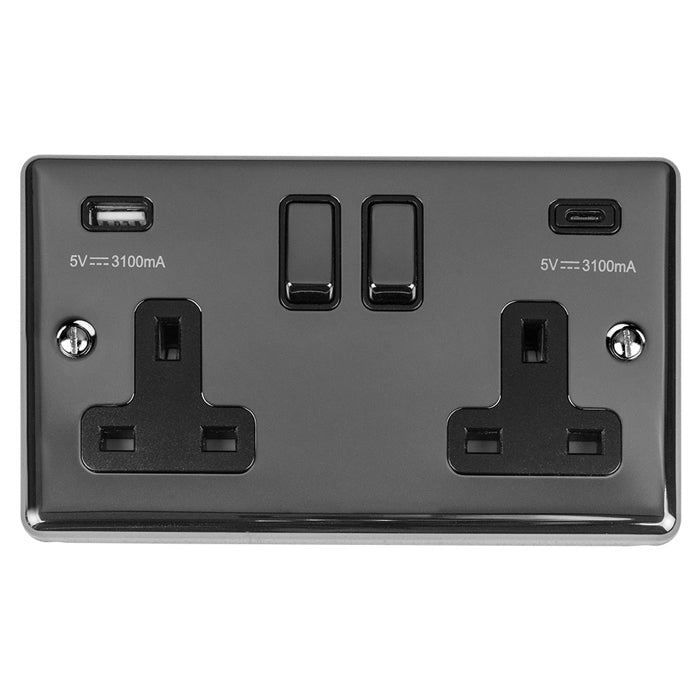 Enhance Decorative 2 Gang 13Amp Switched Socket With Usb C Black Nickel - Black Nickel