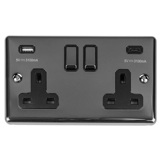 Enhance Decorative 2 Gang 13Amp Switched Socket With Usb C Black Nickel - Black Nickel