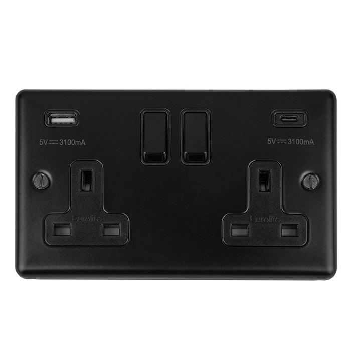 Enhance Decorative 2 Gang 13Amp Switched Socket With Usb C Matt Black - Matt Black