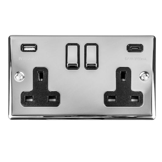 Enhance Decorative 2 Gang 13Amp Switched Socket With Usb C Polished Chrome - Polished Chrome