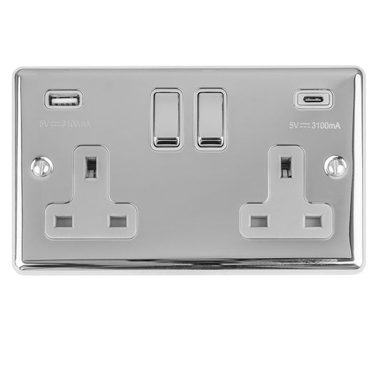 Enhance Decorative 2 Gang 13Amp Switched Socket With Usb C Polished Chrome - Polished Chrome