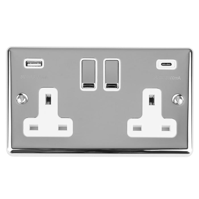 Enhance Decorative 2 Gang 13Amp Switched Socket With Usb C Polished Chrome - Polished Chrome