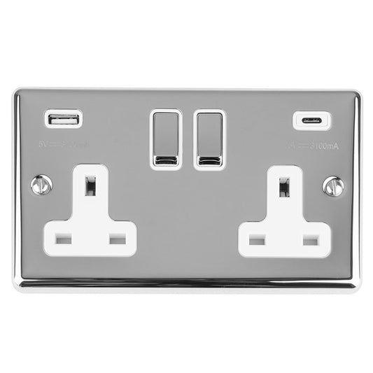 Enhance Decorative 2 Gang 13Amp Switched Socket With Usb C Polished Chrome - Polished Chrome