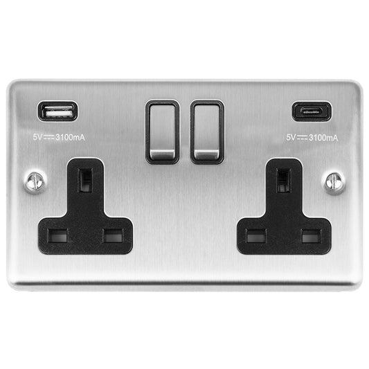 Enhance Decorative 2 Gang 13Amp Switched Socket With Usb C Stainless Steel - Satin Stainless