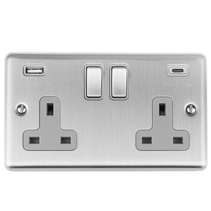 Enhance Decorative 2 Gang 13Amp Switched Socket With Usb C Stainless Steel - Satin Stainless