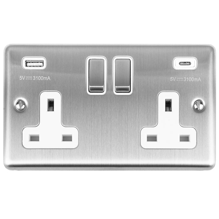 Enhance Decorative 2 Gang 13Amp Switched Socket With Usb C Stainless Steel - Satin Stainless