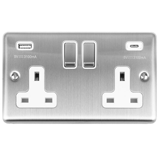 Enhance Decorative 2 Gang 13Amp Switched Socket With Usb C Stainless Steel - Satin Stainless