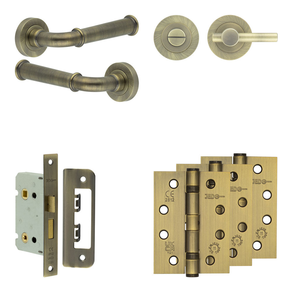 Complete Classic Door Handle Pack - Bathroom - Antique Brass - 65mm / 4" / Easy Thumb Turn & Lock