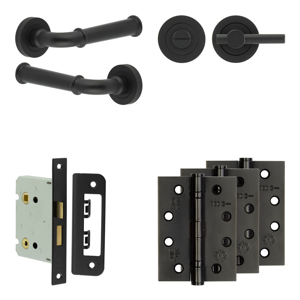 Complete Classic Door Handle Pack - Bathroom - Black - 76mm / 4" / Easy Thumb Turn & Lock