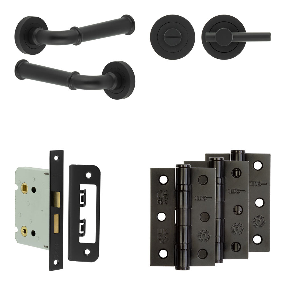 Complete Classic Door Handle Pack - Bathroom - Black - 76mm / 3" / Easy Thumb Turn & Lock