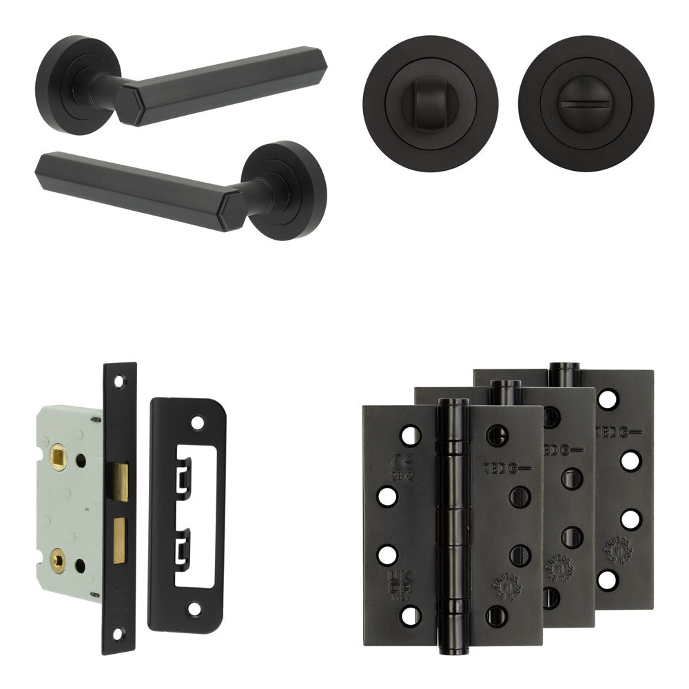 Complete Hex Door Handle Pack - Bathroom - Black - 65mm / 4" / Designer Round Turn & Release