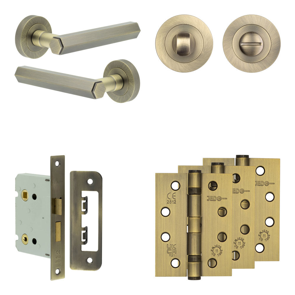 Complete Hex Door Handle Pack - Bathroom - Antique Brass - 76mm / 4" / Designer Round Turn & Release
