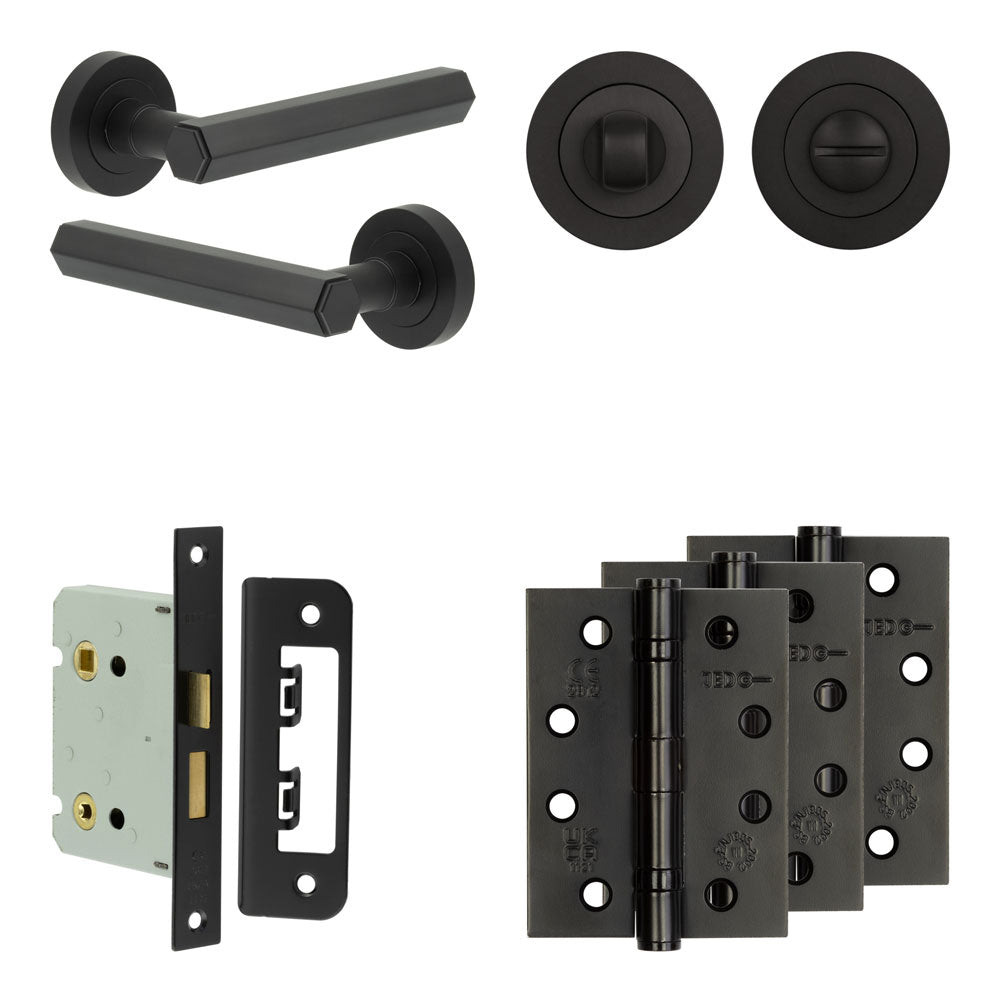 Complete Hex Door Handle Pack - Bathroom - Black - 76mm / 4" / Designer Round Turn & Release