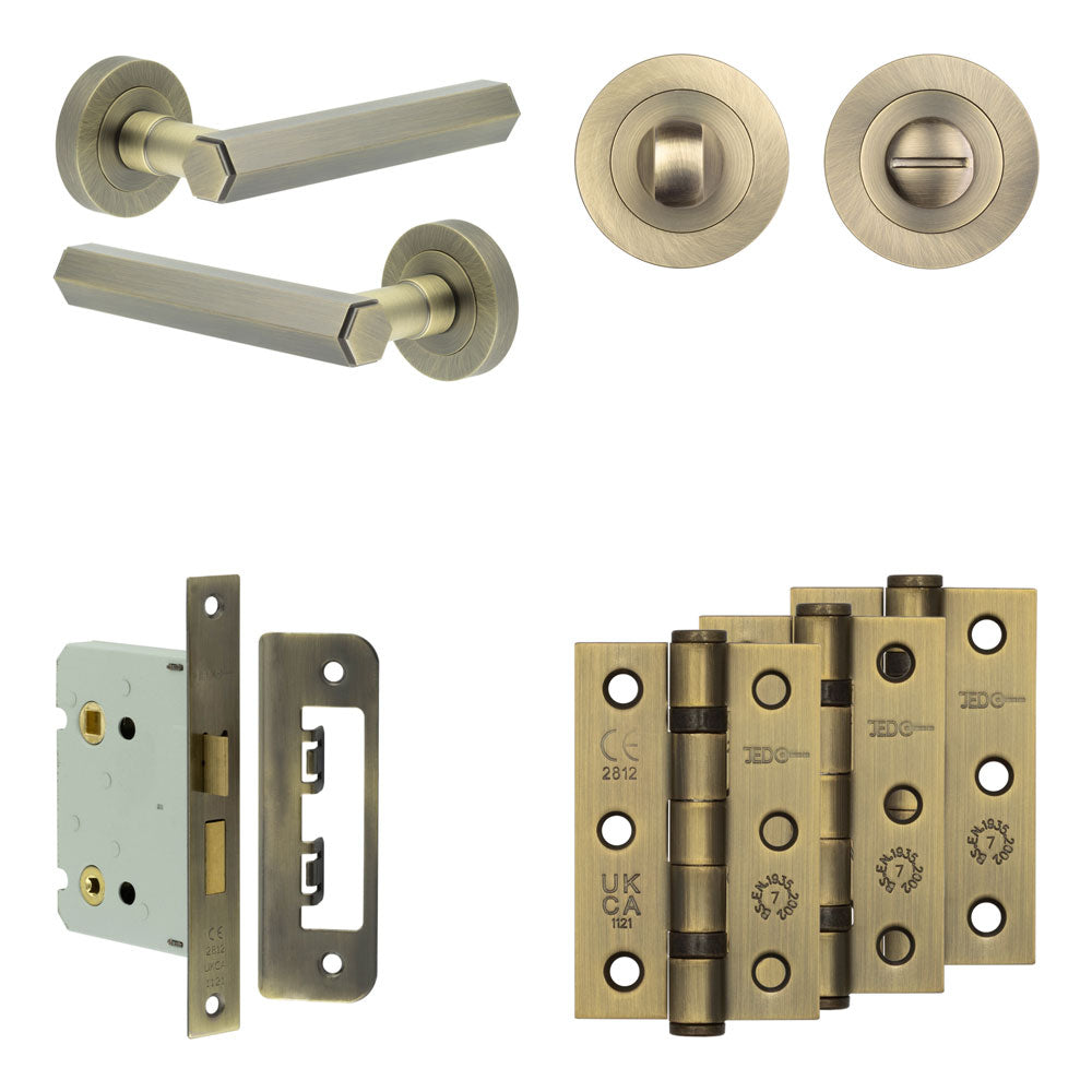 Complete Hex Door Handle Pack - Bathroom - Antique Brass - 76mm / 3" / Designer Round Turn & Release