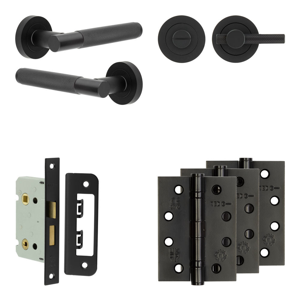Complete Bari Door Handle Pack - Bathroom - Black - 65mm / 4" / Bari Knurled Turn & Release