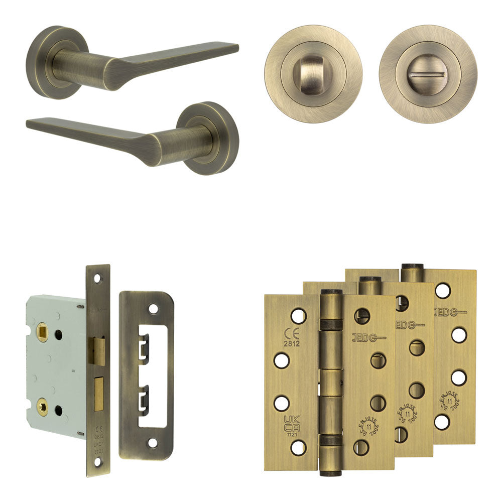 Complete Gio Door Handle Pack - Bathroom - Antique Brass - 76mm / 4" / Designer Round Turn & Release