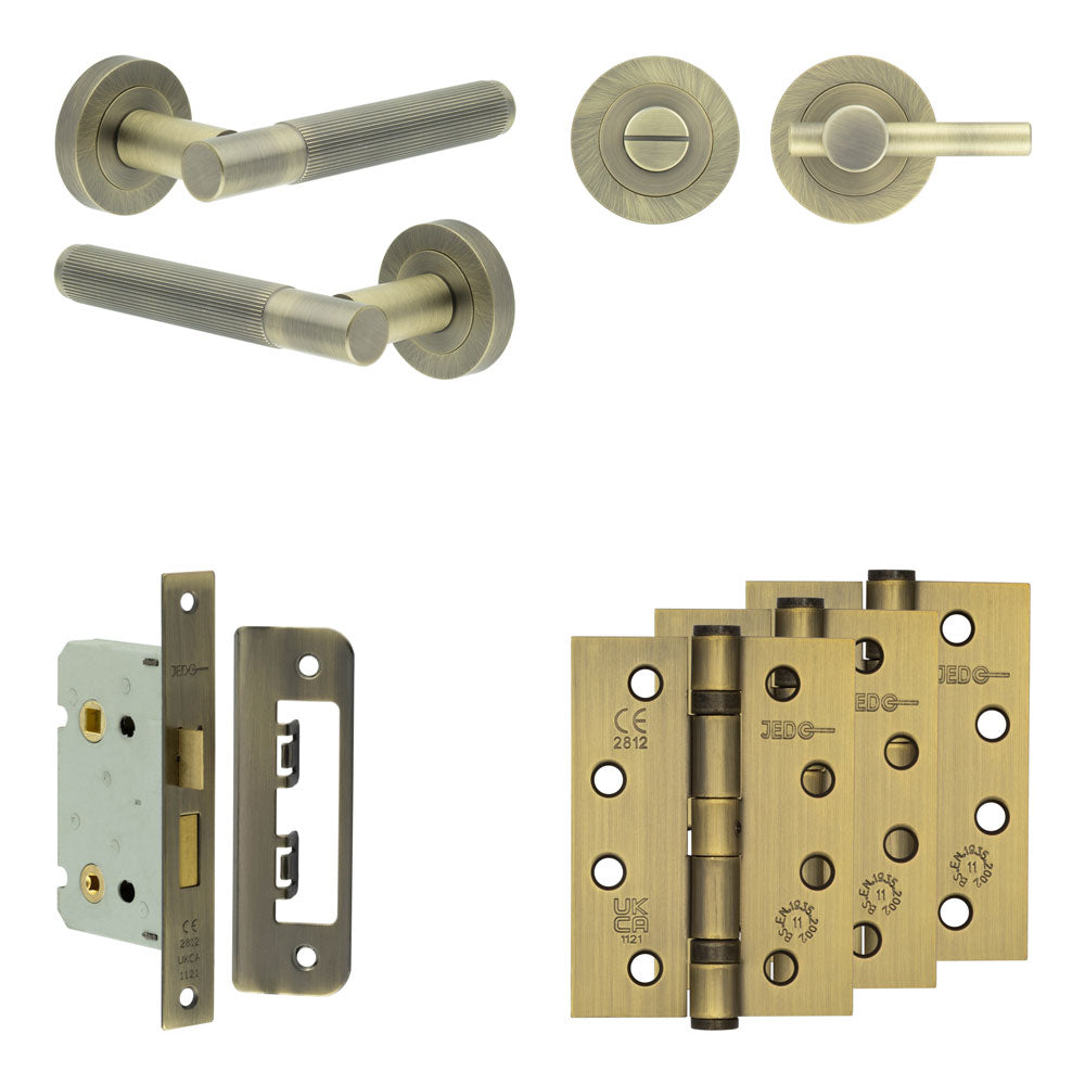 Complete Venice Door Handle Pack - Bathroom - Antique Brass - 65mm / 4" / Easy Thumb Turn & Lock