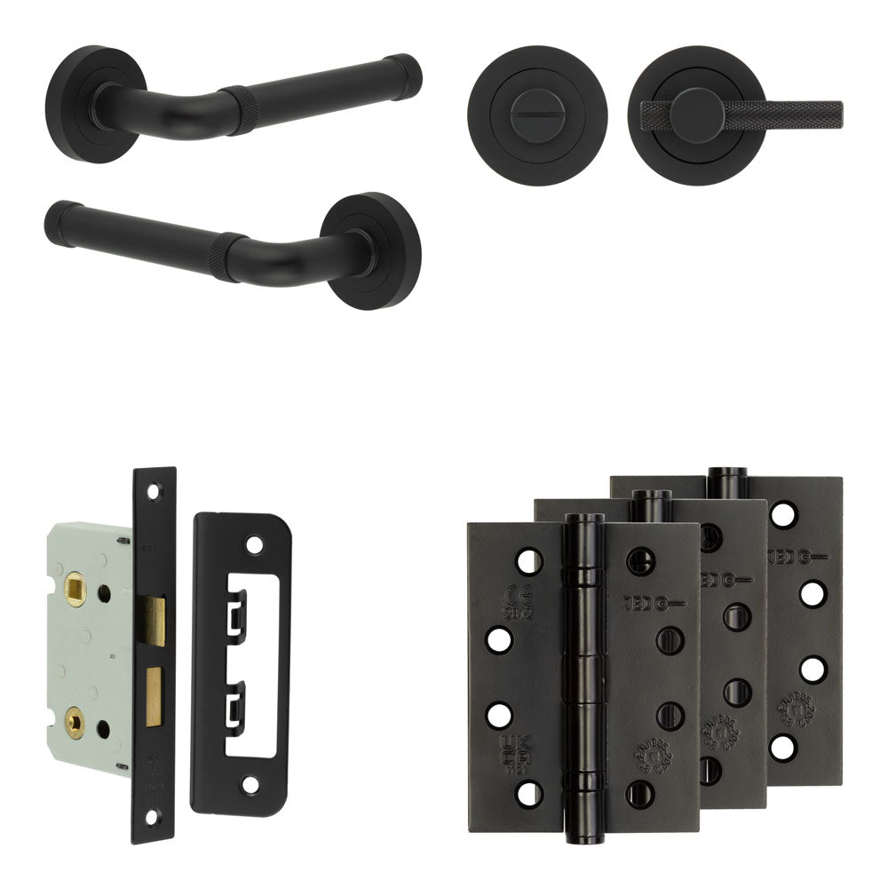 Complete Midtown Door Handle Pack - Bathroom - Black - 65mm / 4" / Bari Knurled Turn & Release