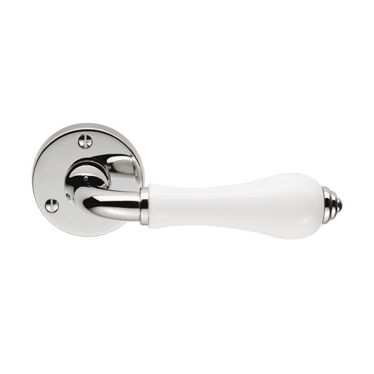 Porcelain Lever on Round Rose White Polished Chrome